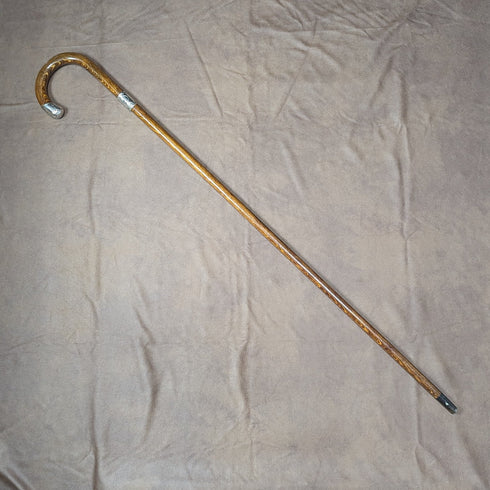 1922 British antique gentleman's walking stick brown stem sterling silver embossed decoration curved handle 90cm